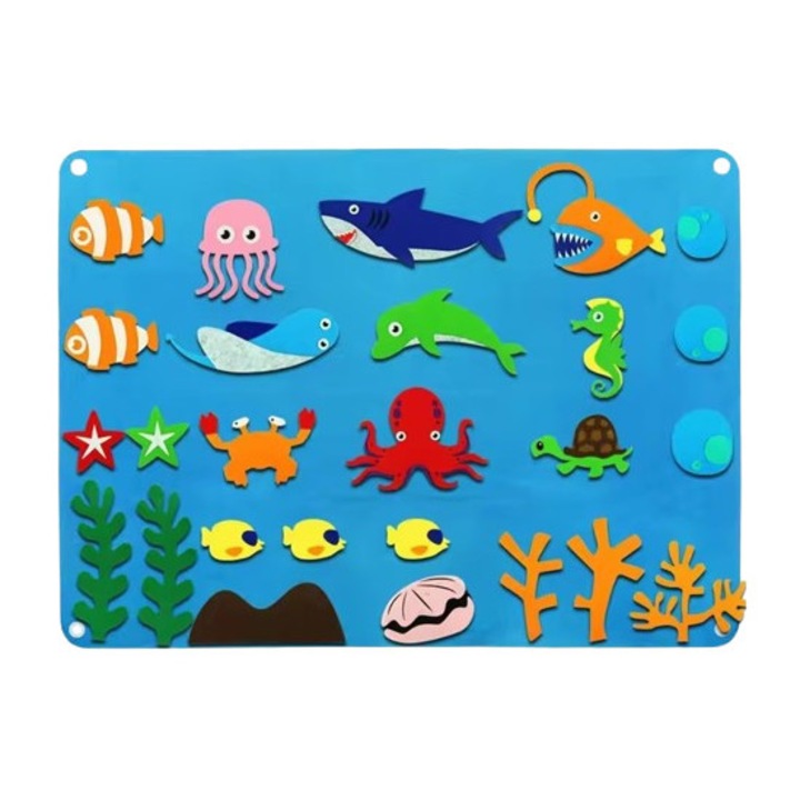 Plansa educativa si interactiva Montessori, fetru, agatatoare perete, 27 elemente de prindere cu scai, Ocean, 105 x 75 cm, 3 ani+, EduJucarii