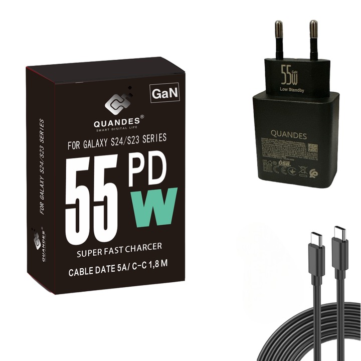 Set Incarcator super Fast Charge 55W GaN, PD usb C, pentru Samsung S24 ultra, universal, ipad pro, laptop macbook pro, 1 Cablu de date 1.8m USB-C - C 5A