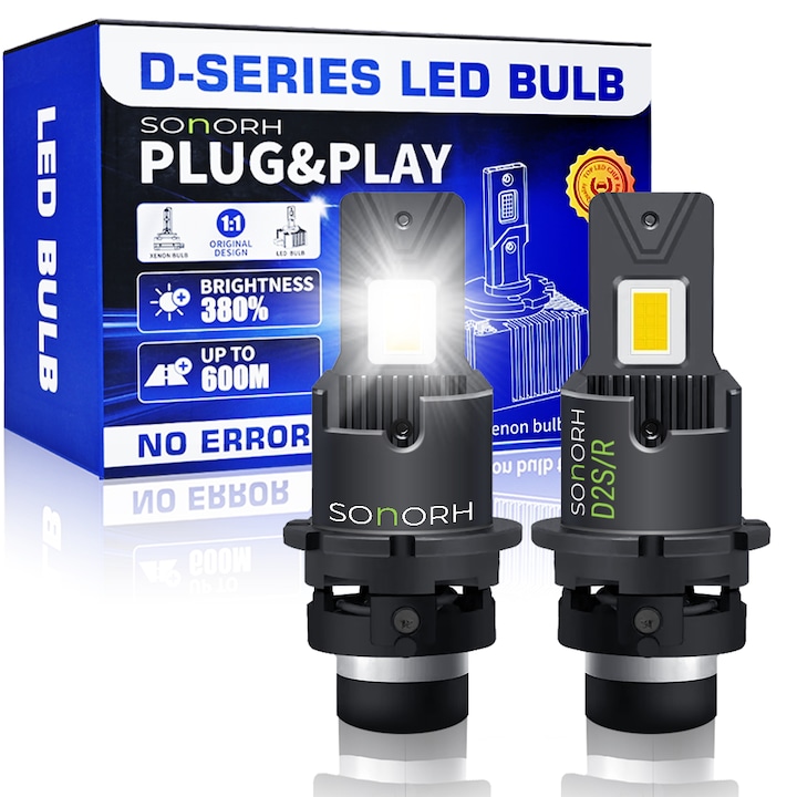 Комплект от 2 LED крушки D2S/D2R, D-серия, 120W, 20000 LM, M21, Canbus функция, Plug&Play, вентилатор и меден охлаждащ прът, 30000 часа, IP68, SONORH®