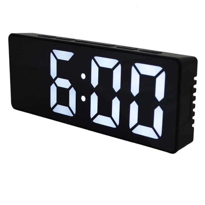 Digitális asztali óra fehér LED kijelzővel, többfunkciós, VT-93816-W, méretek 160 x 62 x 31 mm, ABS, fekete