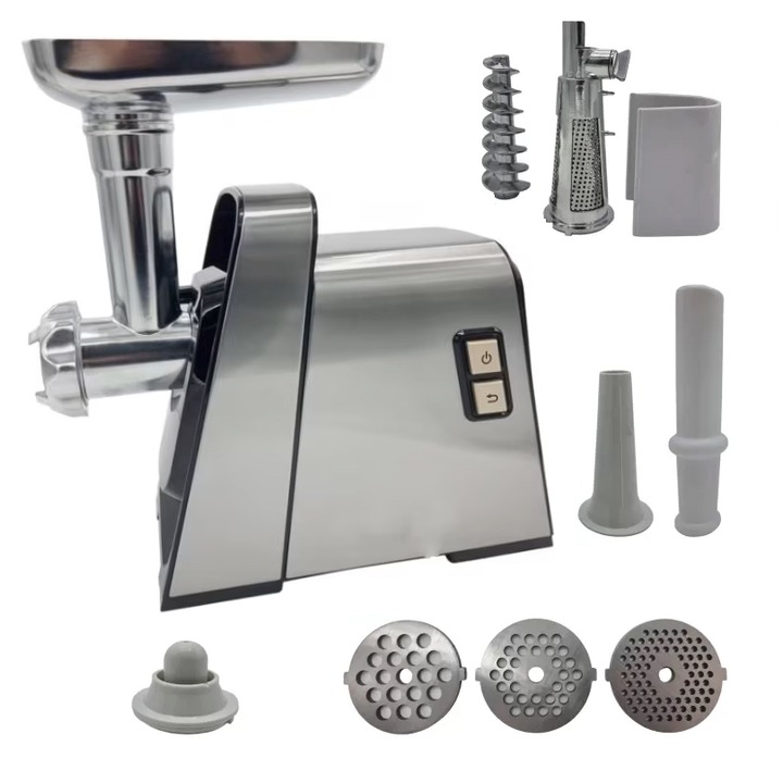 Masina de tocat carne, electrica, Model Inox, 3500W, Accesorii rosii, carnati, chiftele, 3 site, functia revers, motor cupru