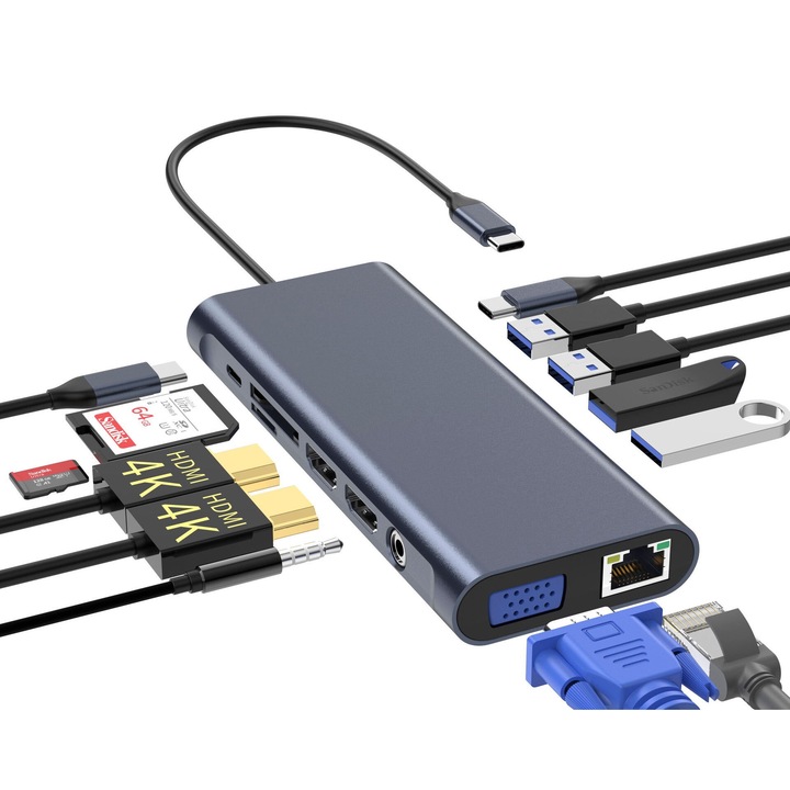 Adaptor Hub Multiport 13 in 1, USB Type-C la 2 HDMI 1080p/60Hz, 4K / 30Hz, VGA 1080p, USB-C PD Charging(max 1000w), 1 USB-C Data transfer, Gigabit Lan (1000MB/S), SD/micro SD, 3.5 mm Audio, 3 x USB 3.0 Gen 1 (5 Gb/s), 1xUSB 2.0(480 MB/s), albastru