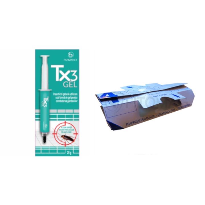 Set Insecticid pentru gandaci, seringa cu gel TX3, 25 grame + Capcana Glue Trap FLY 005, set 10 bucati