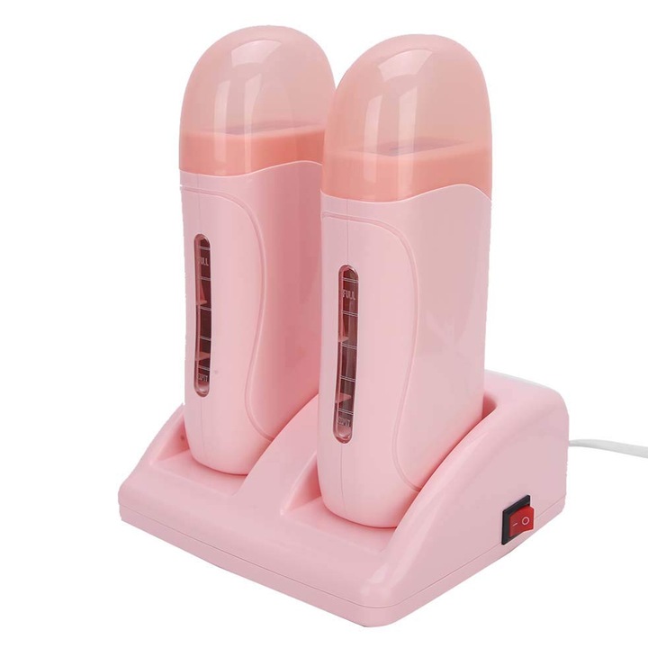 Incalzitor Ceara Dublu, Axroad Mall, Cu suport dock, Buton on/off, 40W, Incalzire pe doua fete, Capacitatea 100 ml, Cu slot transparent, Ceara care se topeste rapid, Pentru epilat acasa, Plastic, 15.6x14.5x25.3cm, Roz
