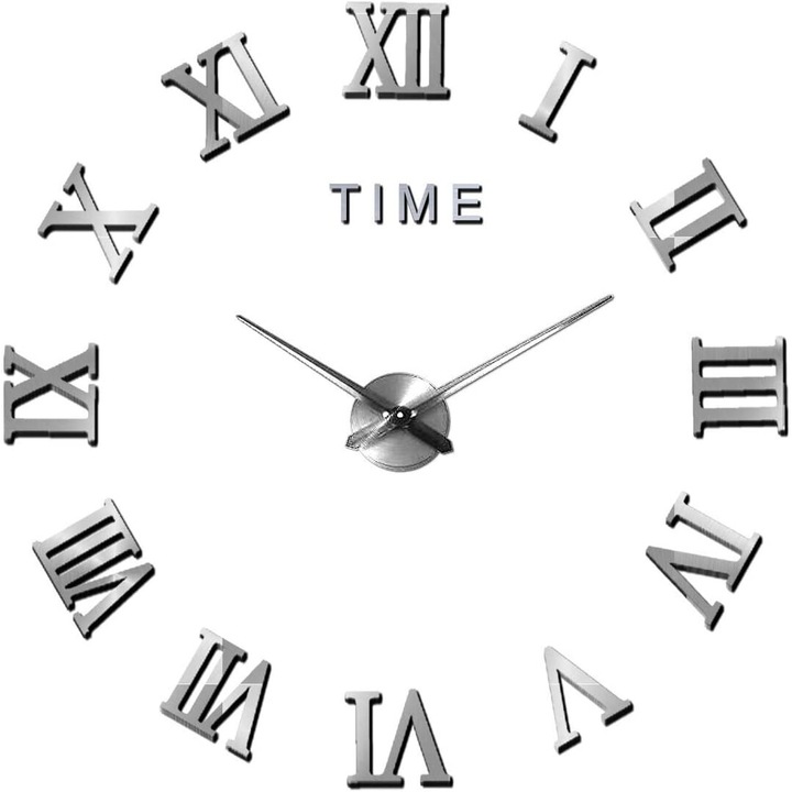 Ceas de perete 3D DIY, decorativ, argintiu, silentios, rezistent la apa