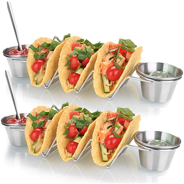 Set 2 suporturi pentru taco, Inox, cu cupa pentru sos, 6.35x22.86x4.45cm