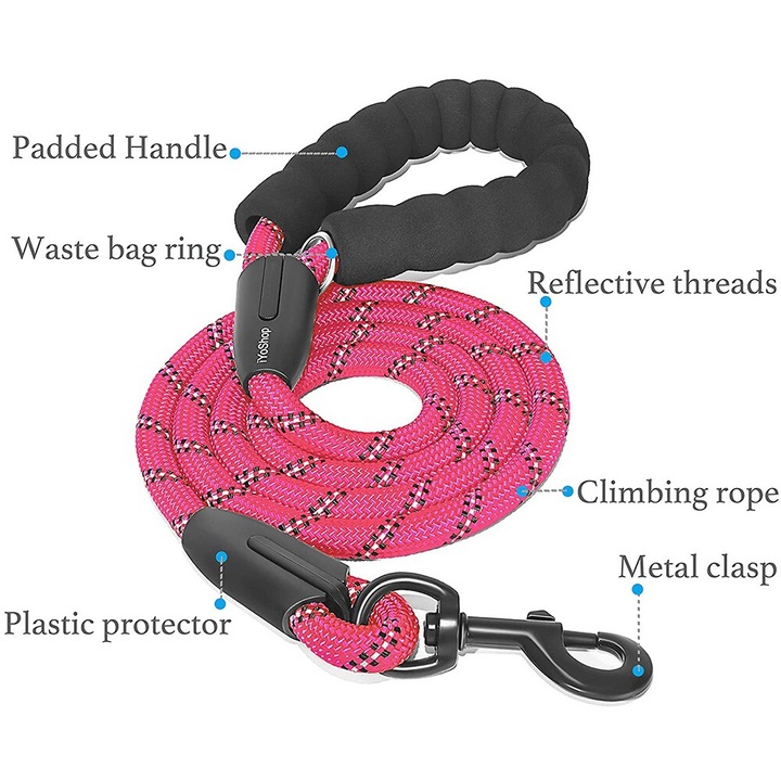 Lesa rezistenta pentru caini medii si mari, reflectorizanta, roz/negru, 180cm