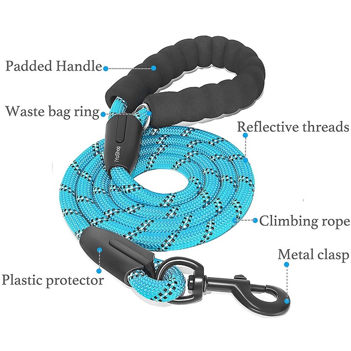 Lesa rezistenta pentru caini medii si mari, reflectorizanta, albastru cu negru, 6ft