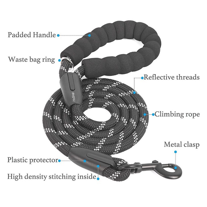 Lesa pentru caini, rezistenta, reflectorizanta, maner captusit, negru, 6ft