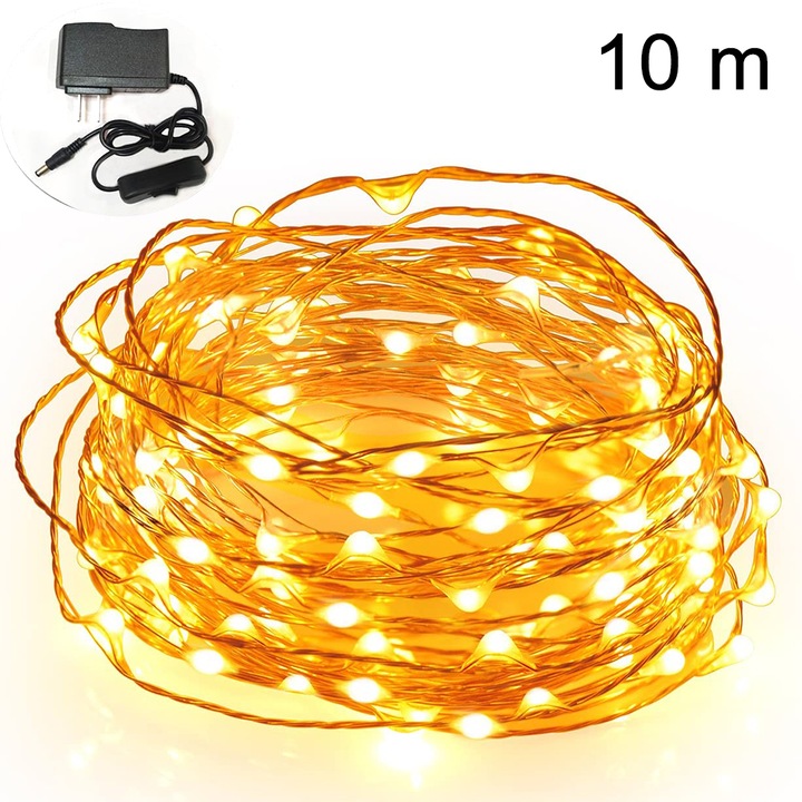 Sir luminos decorativ, 10m, 100 LED-uri, lumina calda/alba/multicolor, 4.5V DC, IP65, material cupru