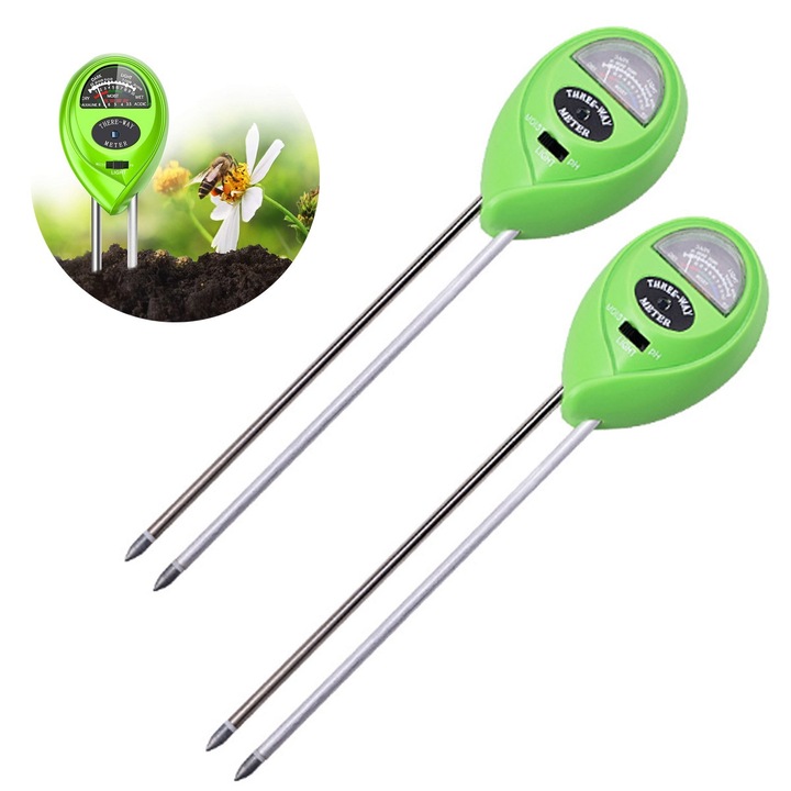 2 db talajvizsgáló készlet 3 az 1-ben, nedvesség és pH, zöld, 17,8 cm