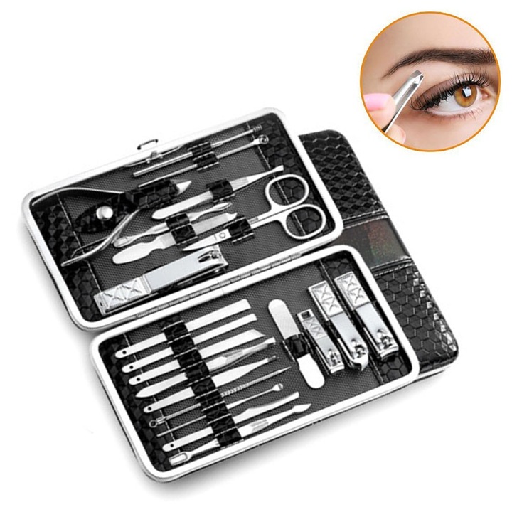 Trusa pentru manichiura si pedichiura, inox, 21 piese, 17.5 x 10.5 x 3 cm, negru/argintiu