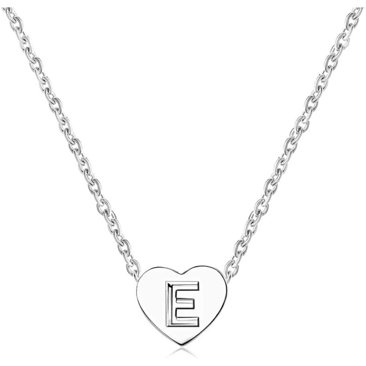 Colier cu inimioara si litera initiala E, inox, 15 inch, argintiu
