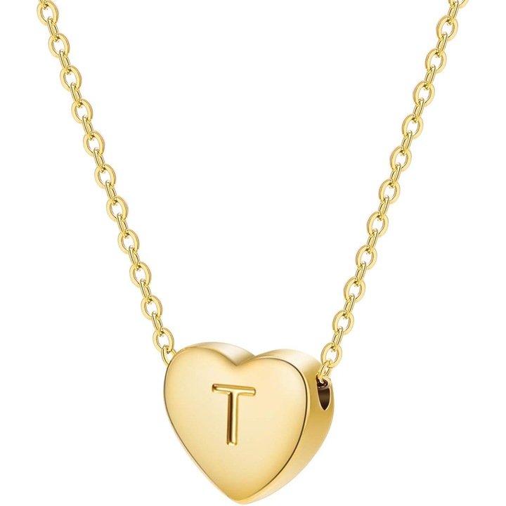 Colier cu pandantiv inima si litera initiala, placat cu aur, otel