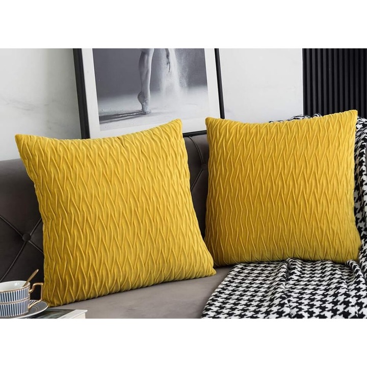 Set de 2 Fete de Perna din Catifea, Galben, 45x45cm