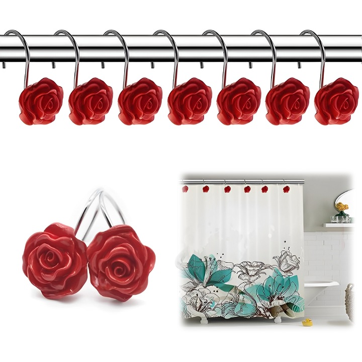 Set 12 carlige pentru perdea de dus, design trandafir, inox, rosu