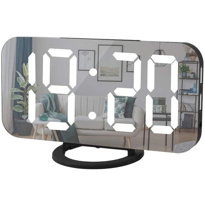 Jormftte modern digitális ébresztőóra, nagyméretű tükör, 2 USB port, automatikus fényerő-beállítás, 5-60 perces szundi funkció