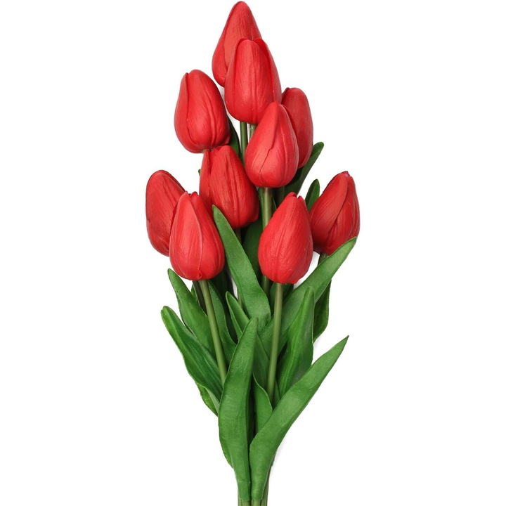 Set 10 lalele artificiale mini, rosu verde, 34x5x3cm
