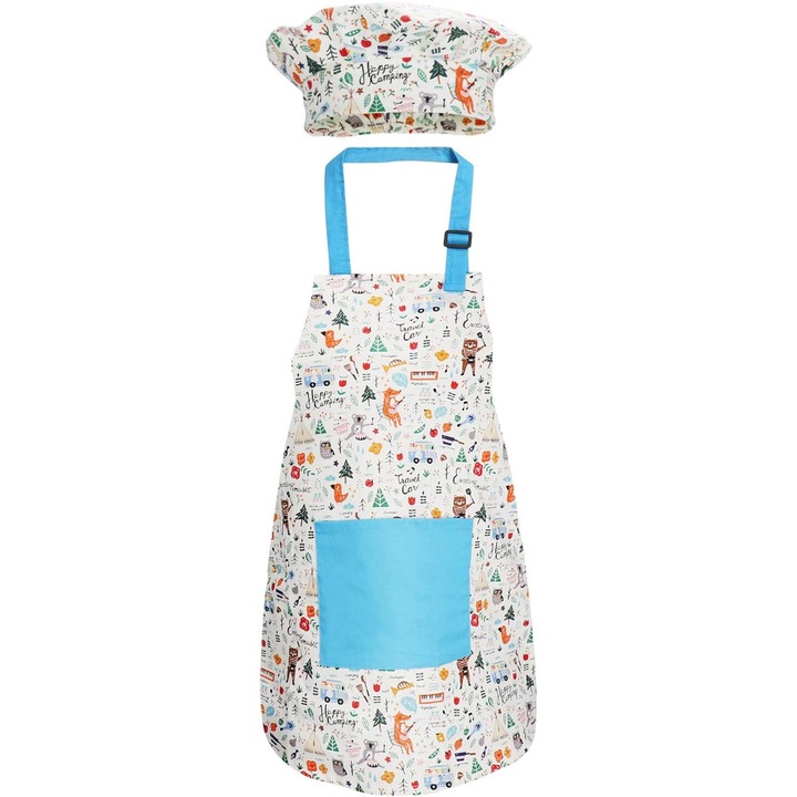 Set sort si boneta de bucatar pentru copii, bumbac, albastru cu animale, 38x48cm, 3-5 ani