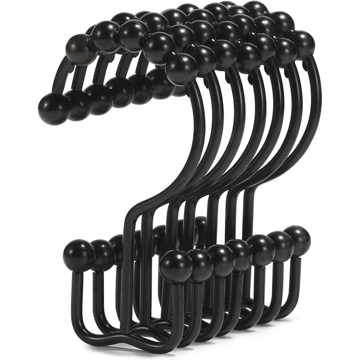 Set 12 carlige perdea de dus, inox, antirugina, cu bile, negru