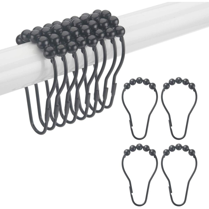 Set de 12 Inele pentru Perdea de Dus, Metal Rezistent la Rugina, Glisare Usoara, Negru Mat