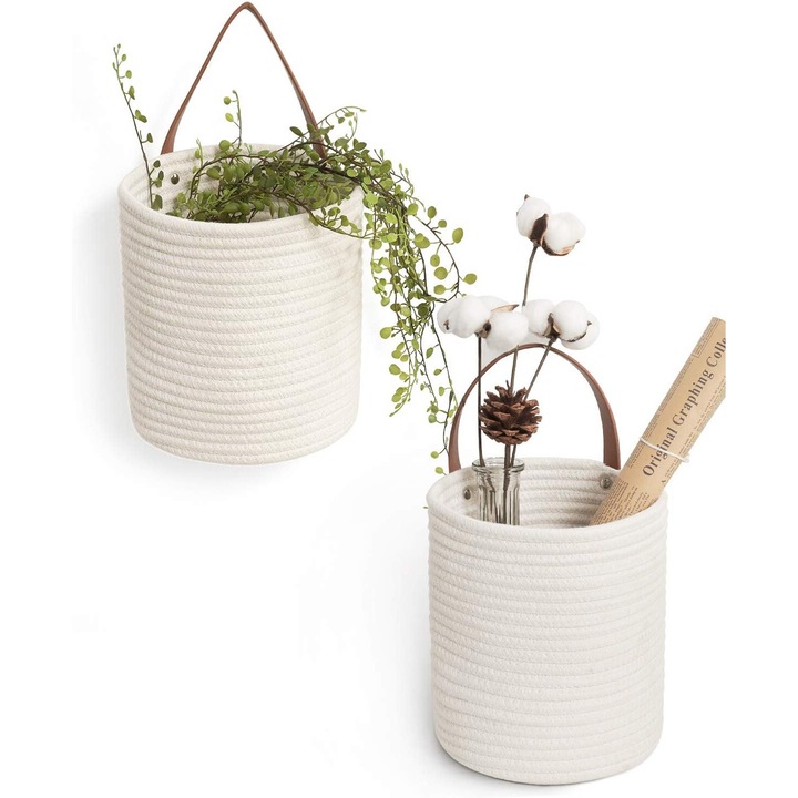 Set 2 Cosuri Agatatoare pentru flori, Bumbac Tesut, Alb, 20x18cm, flori neincluse