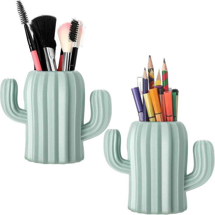 Set 2 Suporturi pentru articole de birou, stil cactus, multifunctional, verde, 13.5x11.5cm