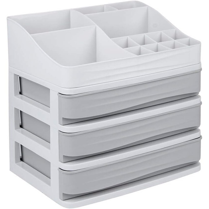 Organizator cosmetic multifunctional, polipropilena, 3 sertare, 23.4x18x24.4cm, alb/gri