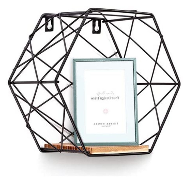 Set de 3 rafturi hexagonale, suspendate, pentru perete, lemn si metal, negru