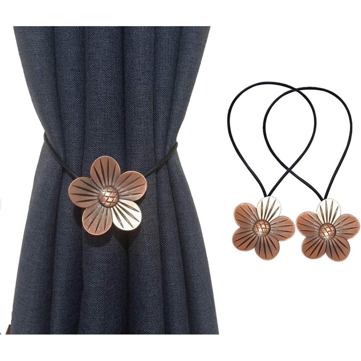 Set 2 Snururi cu prindere magnetica pentru perdele, aliaj, model floare, cupru