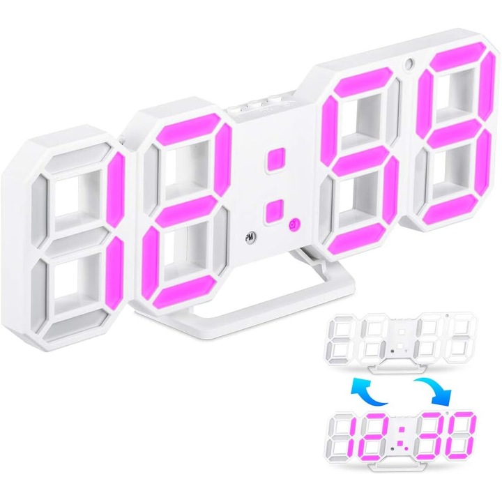Ceas decorativ digital 3D, afisaj LED, functie alarma si snooze, roz, luminozitate reglabila
