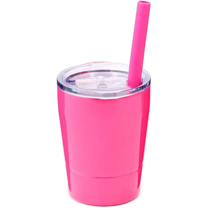 Set cana termoizolanta pentru copii, cu capac si pai din silicon, roz, 8.5oz