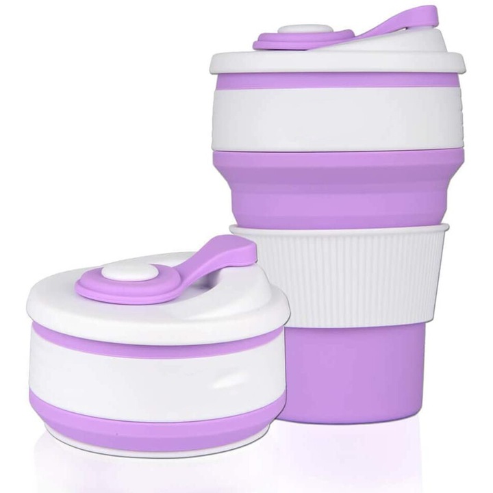 Cana pliabila reutilizabila cu capac, silicon alimentar, mov, 350ml