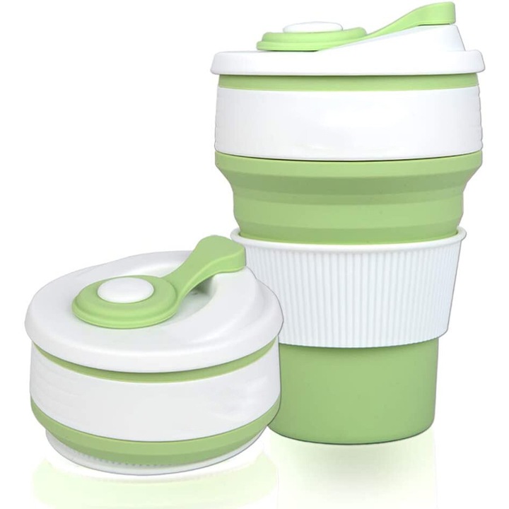 Cana pliabila reutilizabila cu capac, silicon alimentar, verde, 350ml