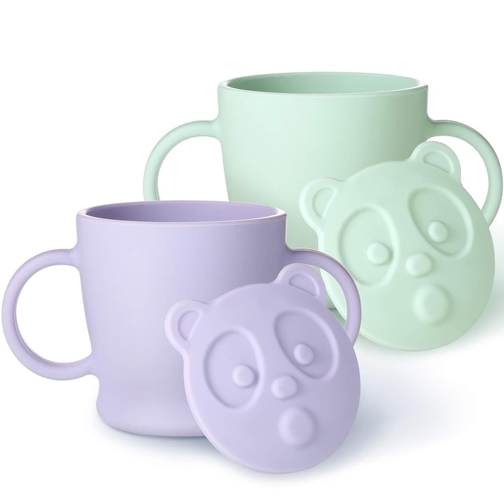 Set 2 cani pentru bebelusi, cu manere, silicon, mov/verde