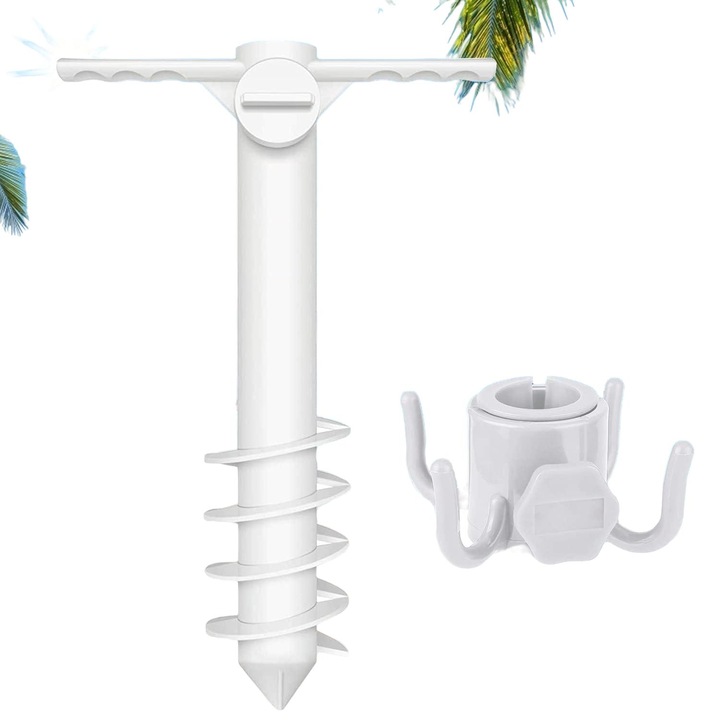 Set ancora de nisip si carlig pentru umbrela de plaja, Polipropilena, Alb