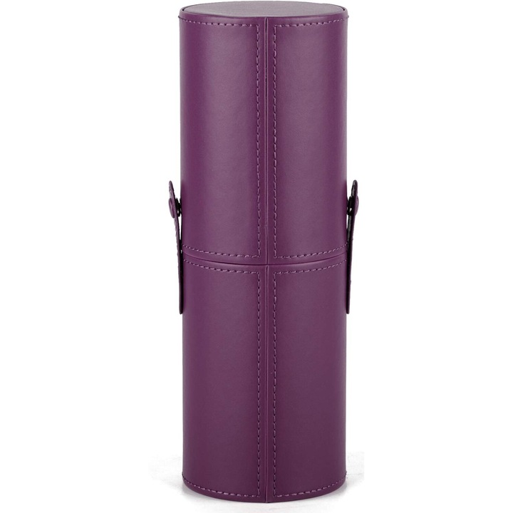 Suport pensule machiaj, Poliuretan, Portabil, Capac anti-praf, 8x8x23cm, Mov