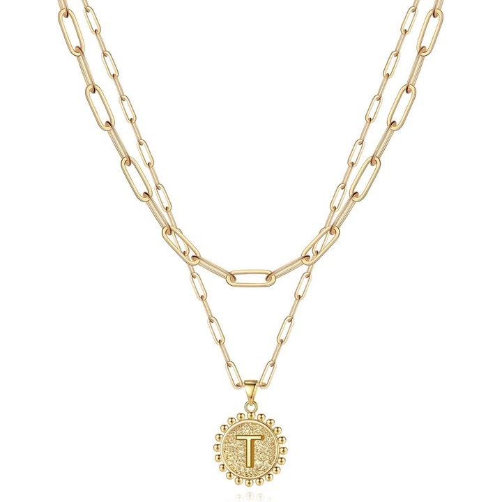 Colier cu initiala, placat cu aur 14K, lant tip paperclip, pandantiv moneda 18mm, ajustabil, auriu, set