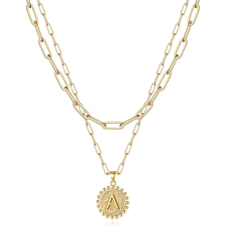 Colier cu initiala, placat cu aur 14K, lant tip paperclip, pandantiv moneda 18mm, ajustabil, set