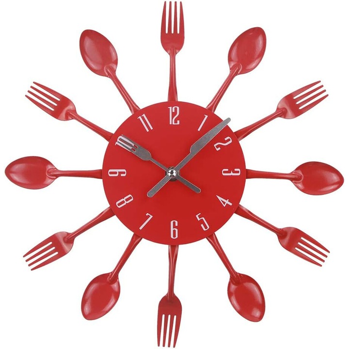 Ceas decorativ de perete, tacamuri, design furculita si lingura, rosu, 32x32x4cm