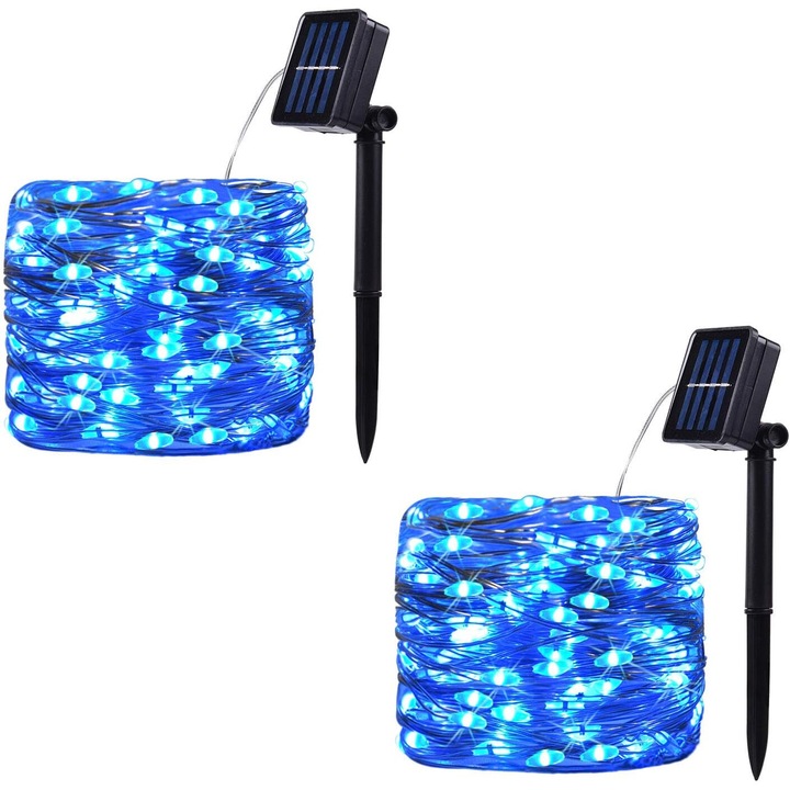 Set 2 Ghirlande, 100 LED, solare, 8 moduri de iluminare, impermeabile, albastru