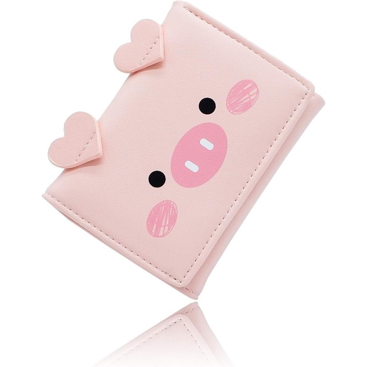Portofel dama, trifold, cu model porc, roz, 11x8.4x1.5cm