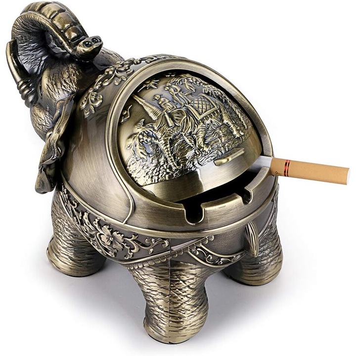 Scrumiera Vintage cu Capac, 16x10.5x9cm, Zinc, Bronz