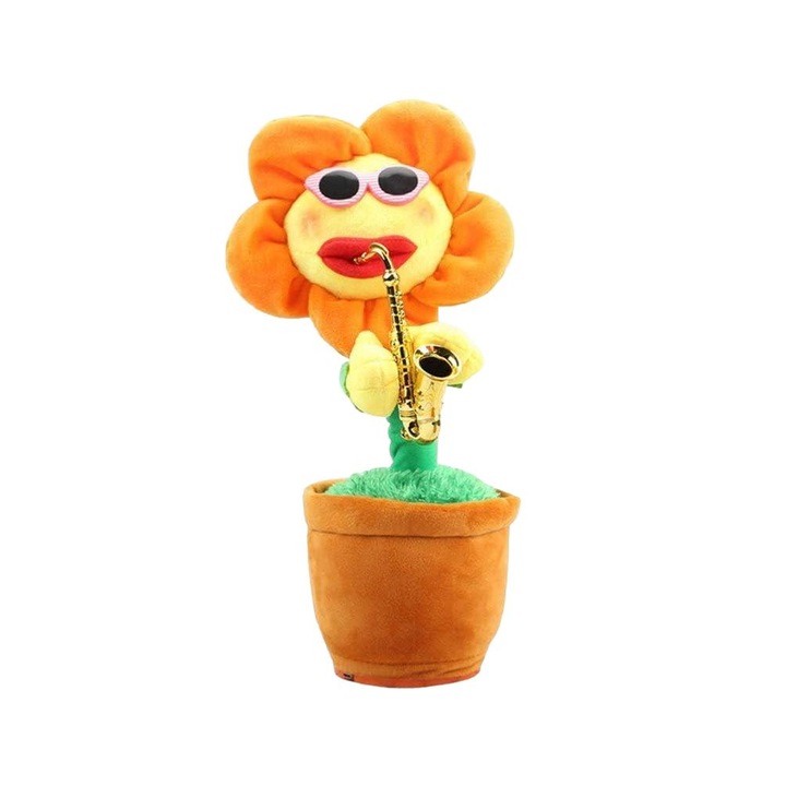 Jucarie interactiva floarea-soarelui dansatoare cu saxofon, plus, galben