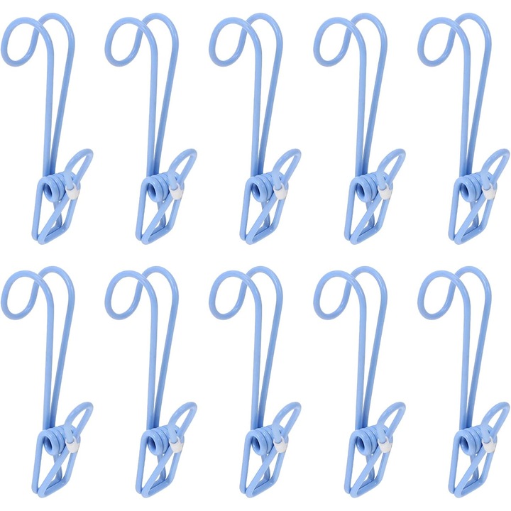 Set 10 cleme de rufe cu carlig, plastic, portabile, albastru, 10x4cm