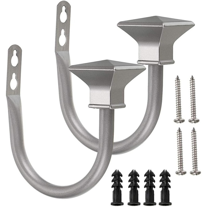 Set de 2 Suporturi Decorative pentru bara perdele, Metal, Montare pe Perete, Argintiu, 11x10.8cm