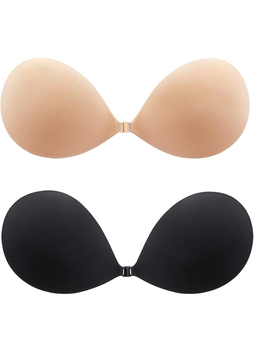 Set 2 Sutiene Adhesive Fara Bretele, Push-Up, Negru si Nude, Reutilizabile, onesize