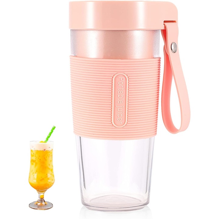 Blender portabil pentru smoothie-uri, capacitate 350ml, incarcare USB, protectie dubla, roz