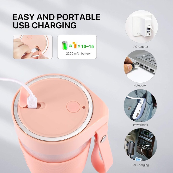 Blender portabil pentru smoothie-uri, capacitate 350ml, incarcare USB, protectie dubla, roz
