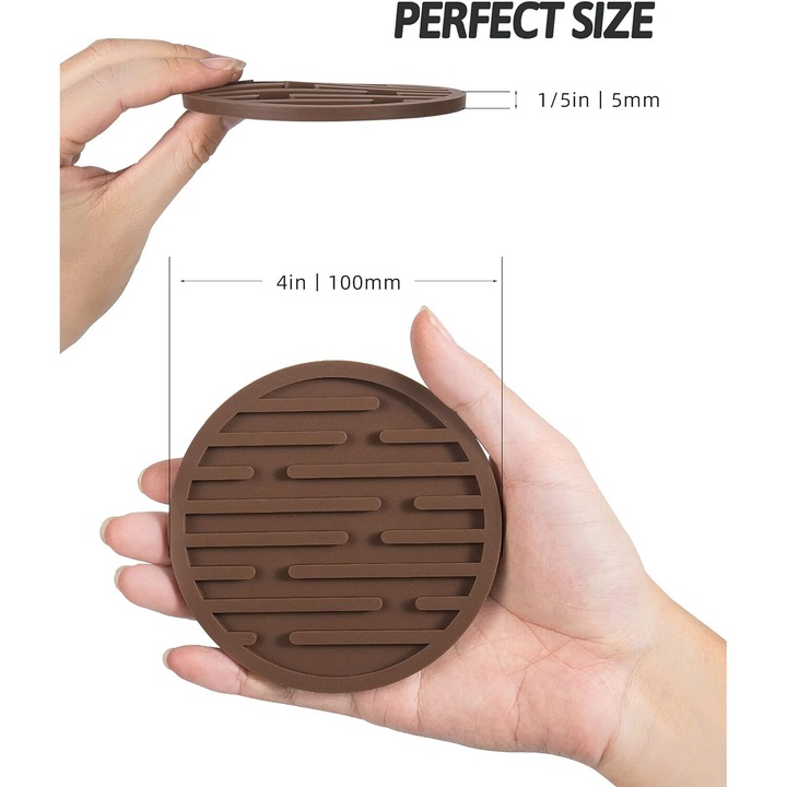 Set 6 suporturi pentru bauturi, silicon, rezistenta termica, antiderapante, maro, 10cm